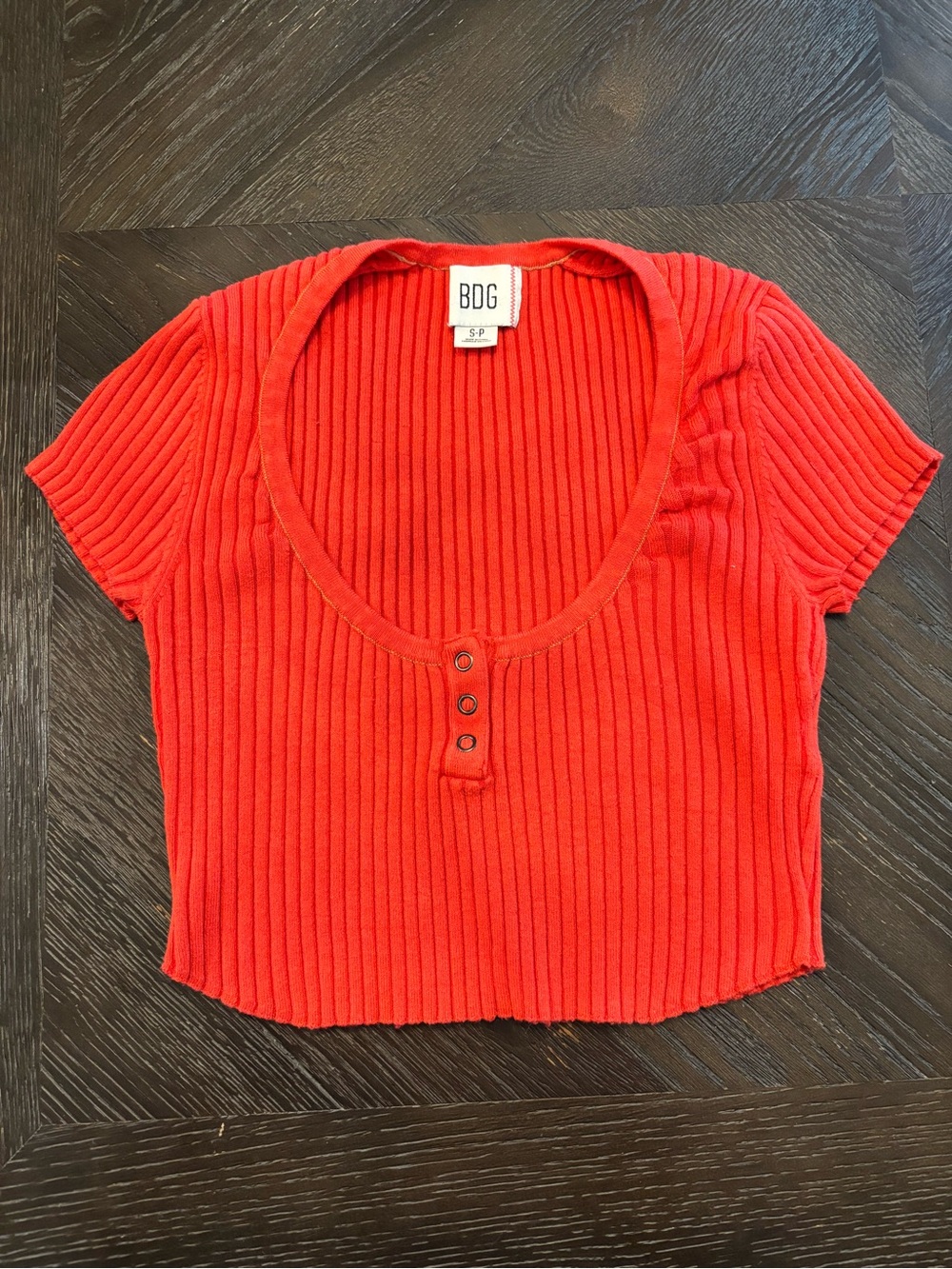 BDG Red Ribbed Button-Front Scoop Crop Top